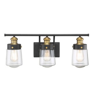 Macauley Collection 3-Light Bath Vanity in Vintage Black with Warm Brass and Clear Glass Shades Savoy House 8-2069-3-51