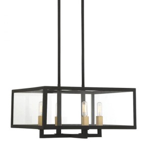 Harris Collection 4-Light Pendant in Textured Black with Warm Brass Accents and Clear Glass Panels Lighting One V6-L7-2928-4-137