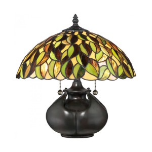 Greenwood Collection 2-Light Table lamp in Valiant Bronze with Earth Tone Tiffany Glass Shade Quoizel TF3181T