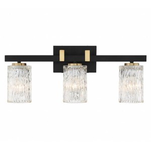 Keene Collection 3-Light Bath Vanity in Matte Black with warm Brass Accents and Textured Clear Water Glass Shades Savoy House V6-L8-3601-3-143