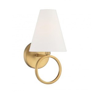 Compton Collection 1-Light Wall Sconce in Warm Brass with White Conical Fabric Shade Savoy House V6-L9-9150-1-322