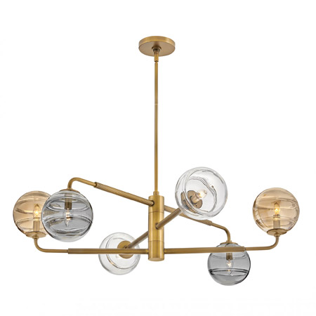 Oberon Collection 6-Light Pendant in Heritage Brass with Articulating Arms and Amber, Clear and Smoke Glass Shades Fredrick Ramond FR30506HBR