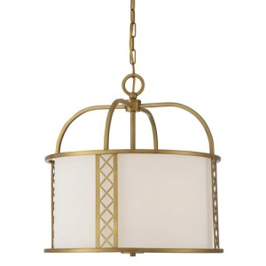 Rockford Collection 3-Light Pendant in Warm Brass or Matte Black with Crisp Lattice Trim and White Fabric Shade Savoy House 7-8202-3-322 or 7-8202-3-89