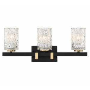 Keene Collection 3-Light Bath Vanity in Matte Black with Warm Brass Accents and Textured Clear Water Glass Shade Lighting One V6-L8-3601-3-143