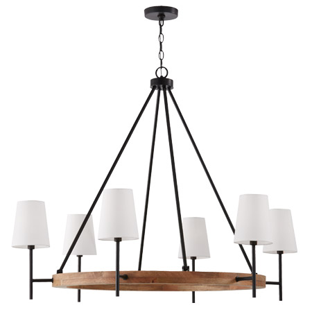 Jonah Collection 6-Light Chandelier in Matte Black and Mango Wood with Crisp White Fabric Shades Capital Lighting 450861WK-709