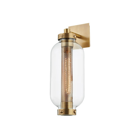 Atwater Collection 1-Light Outdoor Wall Sconce in Vintage Brass with Clear Glass Shade Troy Lighting B7031-PBR