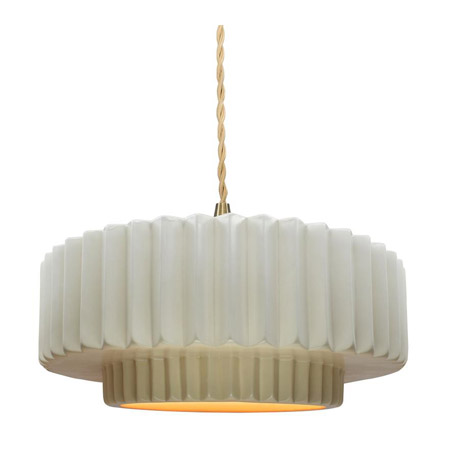 Radiance Collection 1-Light Pendant in Brushed Brass with Pleated Beige Ceramic Shade Justice Design CER-6553-MTGD-BRSS-BEIG-TWST