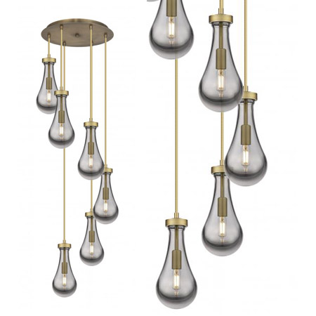 Oswego Collection 6-Light Pendant in Brushed Brass with Light Smoke Glass Teardrop Shades Innovations Lighting 116-451-1P-BB-G451-5SM