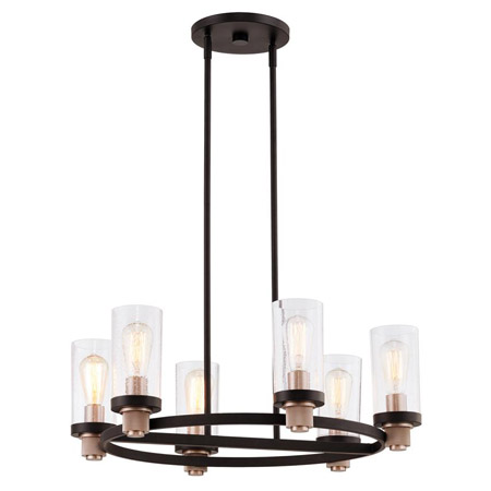 Austin Collection 6-Light Chandelier in Black with Brass Finish and Cylindrical Artisan Seedy Glass Shades Justice Design FSN-4363-SEED-MBBR