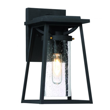 Lanister Court Collection 1-Light Outdoor Wall Mount Lantern in Sand Black with Gold Accents and Cylindrical Clear Seeded Glass Shade Minka 72712-66G