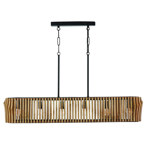 Archer Collection 6-Light Linear Chandelier in Matte Black with Slatted Mango Wood Shade Capital 844661WK