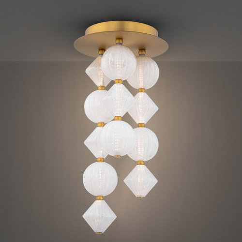 Pearla Collection 12-Light Flush Mount in Aged Brass with Mouth-Blown Art Glass Diamond and Orb Shades Modern Forms 2523-AB