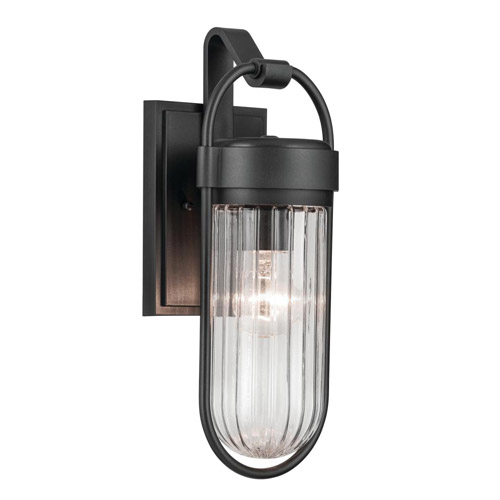 Brix Collection 1-Light Outdoor Wall Mount Light in Textured Black with Ribbed Jelly Glass Jar Shade Kichler 59123BKT