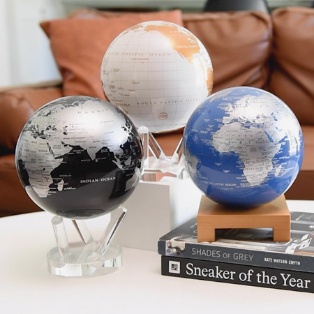 Mova Rotating Globes Unique spinning globes combine power from ambient light and torque from the earth’s magnetic field to create soothing solutions